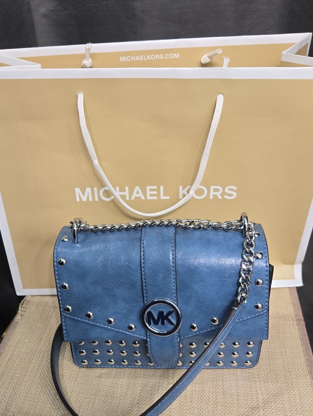 NWOT Michael Kors Sky Blue Studded Leather Chain Crossbody